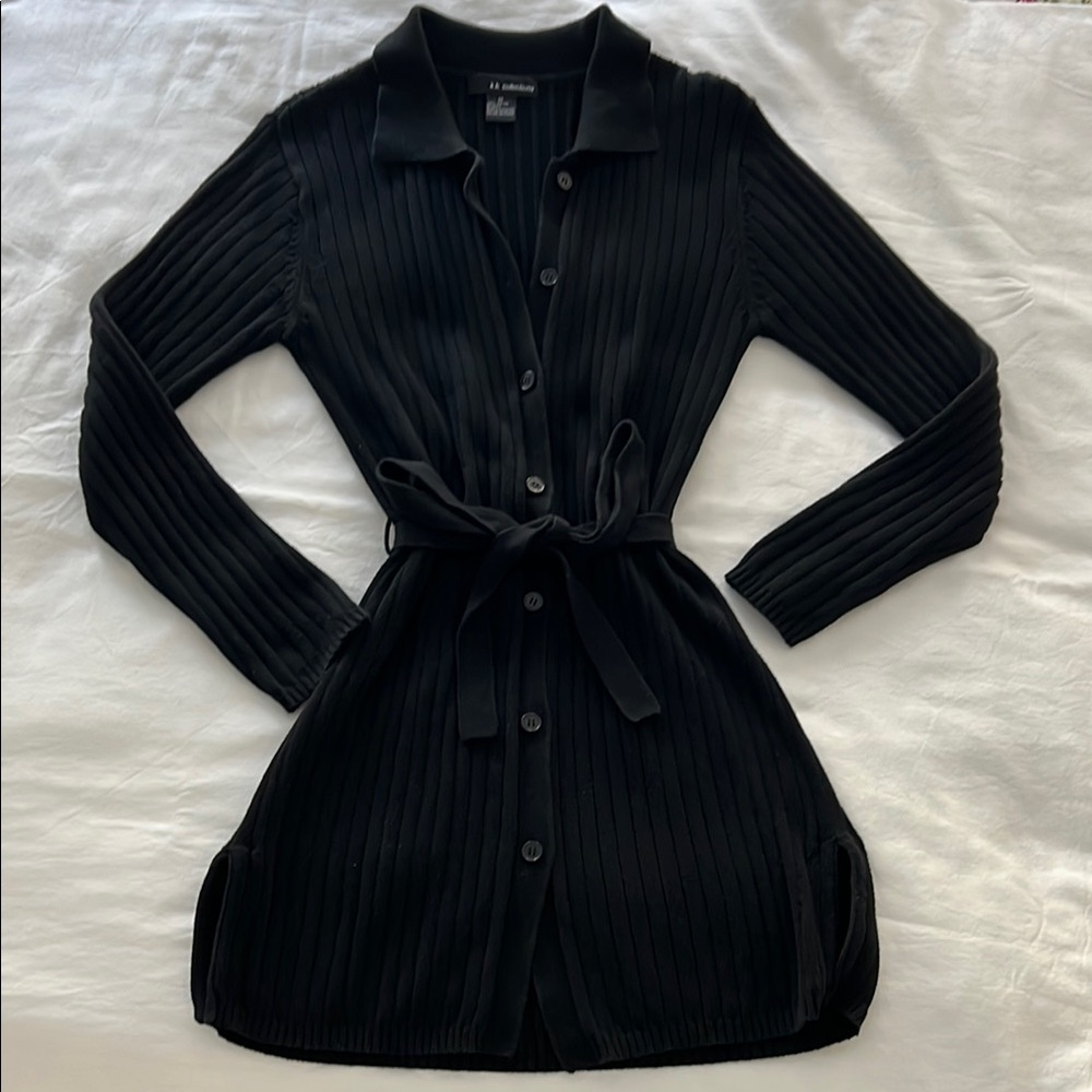 K.B. Collections Black Ribbed Button-Front Cardigan with Tie Belt